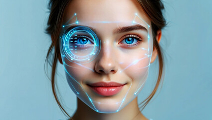 Young woman with glowing blue facial interface light technology
