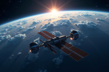 Fototapeta premium Photorealistic Earth from Orbit with High-Tech Satellite