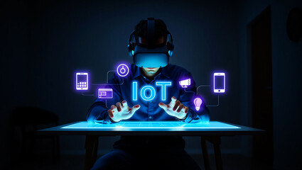 Person wearing virtual reality headset interacting with digital interface image