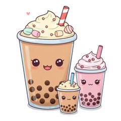 Happy bubble tea family cartoon illustration for food and drink concepts and branding. isolated PNG with Transparent Background