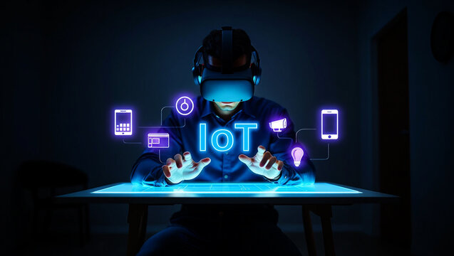 Person wearing virtual reality headset interacting with digital interface image - Powered by Adobe