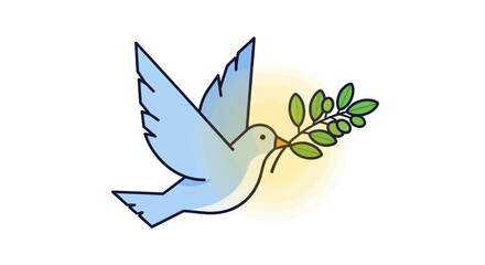 Stylized illustration of a blue dove carrying an olive branch symbolizing peace and serenity on a