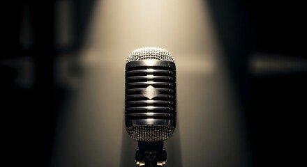 Vintage microphone illuminated by a spotlight on a dark stage