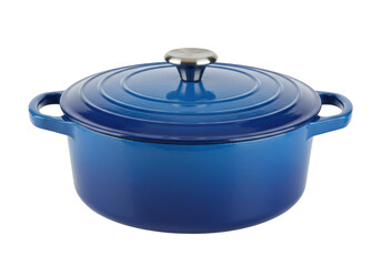 Blue enameled cast iron dutch oven with lid isolated, cooking pot on a transparent background for kitchenware and cookware concepts