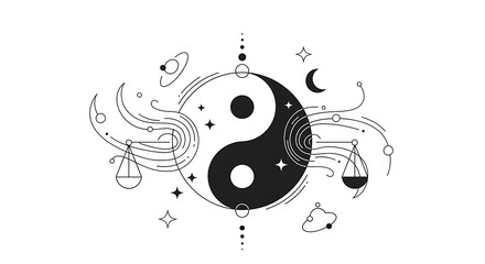 Esoteric illustration of cosmic balance featuring a Yin Yang symbol, Libra zodiac scales, and celestial bodies in a minimalist line art style.