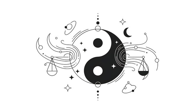 Esoteric illustration of cosmic balance featuring a Yin Yang symbol, Libra zodiac scales, and celestial bodies in a minimalist line art style.