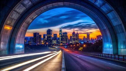 vibrant city skyline through archway at sunset with light trails - Powered by Adobe