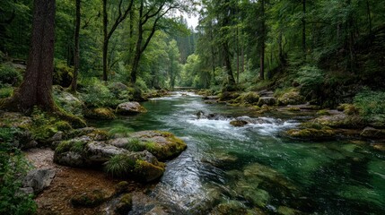 Serene pristine forest river flowing over mossy rocks surrounded by lush green trees with clear water and tranquil natural landscape in daylight