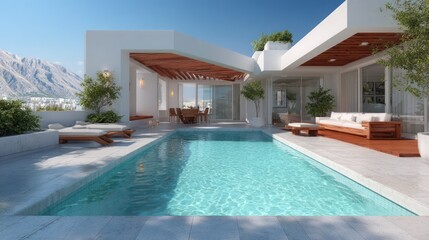 Obraz premium Modern luxury house with a private swimming pool outdoor lounge area contemporary architecture with glass walls and wooden accents in a scenic mountain landscape