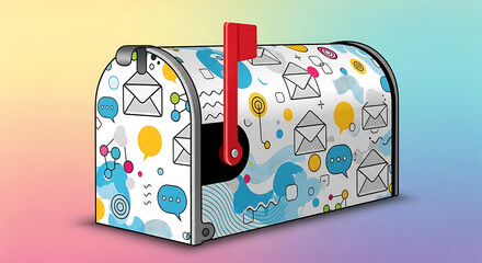 A white mailbox adorned with colorful communication icons like envelopes, speech bubbles, and network symbols, set against a vibrant gradient background.