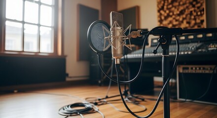 Recording studio setup with microphone keyboard and amplifier