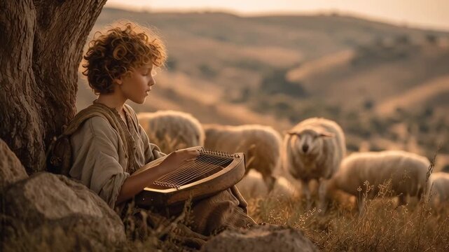 Young boy playing a psaltery instrument under a tree, tending to sheep on a hillside during biblical times, footage