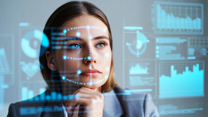 Woman analyzing digital data with facial recognition face technology
