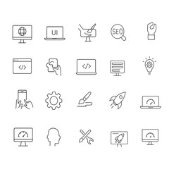 Web Design and Development Line Icons Set – UI, UX, Coding, SEO, Digital Technology