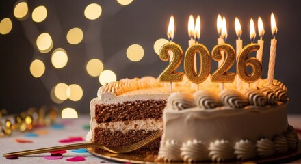 Birthday cake with candles spelling out the year twenty twenty six