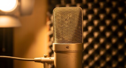 Professional condenser microphone in a recording studio with acoustic foam