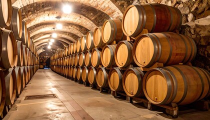 Wine barrels in a dimly lit cellar