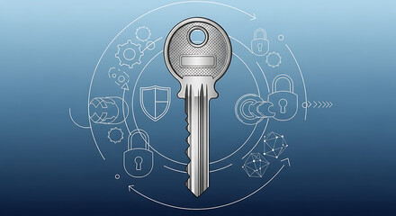 A metallic key is centrally placed against a blue gradient background, surrounded by a circular diagram of interconnected security and technology icons.