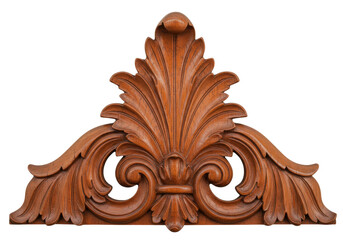 Ornate wooden carving isolated on transparent background, decorative architectural element in brown...