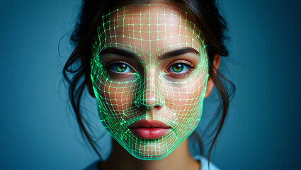 Woman face scanned with green digital grid overlay image