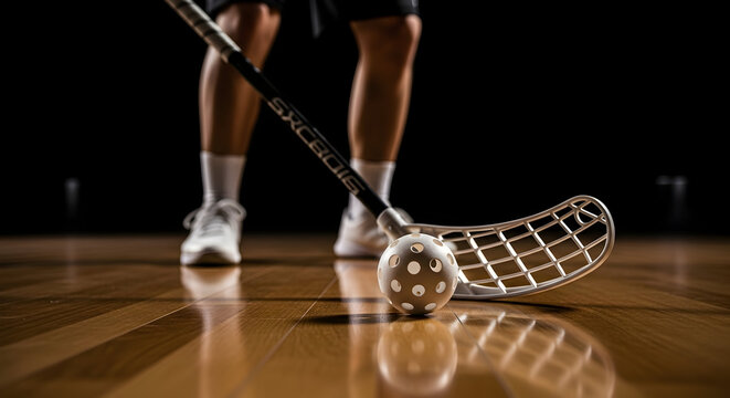 Floorball Action Close Up Professional Athlete in Dynamic Game on Shiny Wooden Court with Modern Equipment and Ball Ready for Intense Competition and Skilled Play