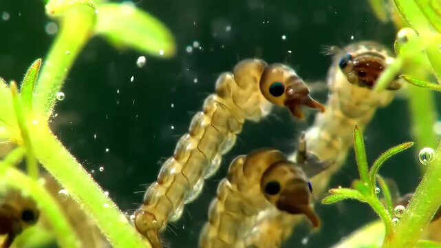 Macro Footage of Multiple Mosquito Larvae and Pupae Wriggling Underwater Surrounded by Vibrant Green Aquatic Plants and Bubbles Highlighting Insect Development 