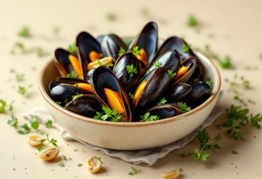Fresh Steamed Mussels Served with Herbs in Ceramic Bowl