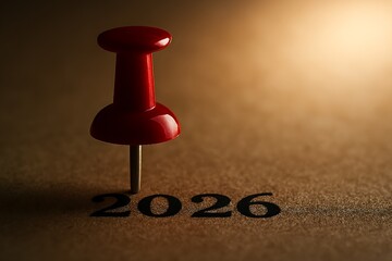 Closeup of a red push pin marking the year 2026 on a textured surface, representing a future deadline