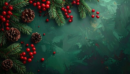 Holiday Christmas tree branches, red ornaments, and gold pine cones form a festive winter dark green background decoration