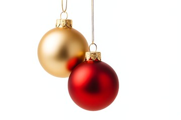 Two christmas baubles, one red and one gold, hanging side by side isolated on white background, festive decoration