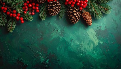 Holiday Christmas tree branches, red ornaments, and gold pine cones form a festive winter dark green background decoration