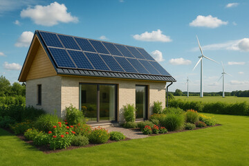 Modernes energieeffizientes Haus mit Solarzellen und Windr&auml;dern &ndash; nachhaltiges Wohnen