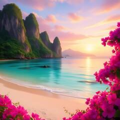 Tropical beach with turquoise water, pink flowers, and green mountains at sunset with a colorful sky