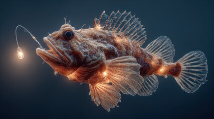 Fototapeta premium Close-up of a detailed camouflaged fish with textured scales and spiny fins illuminated by a small light in dark aquatic environment showcasing marine life diversity