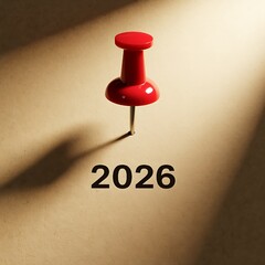Red push pin marking the year 2026 on a beige surface, symbolizing a target date or future event