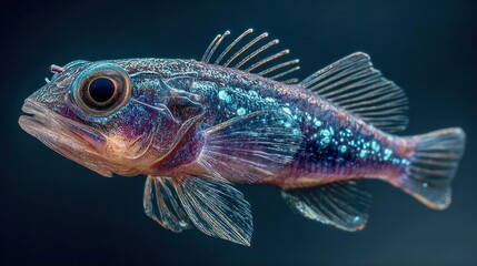 Fototapeta premium Close-up of a small colorful saltwater reef fish with detailed scales and spines swimming in dark ocean water highlighting marine life biodiversity and underwater ecosystems