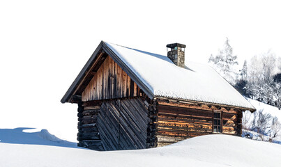 Background, PNG Minimalist Winter Cabin on Icy Hill with Smoke from Chimney, Transparent