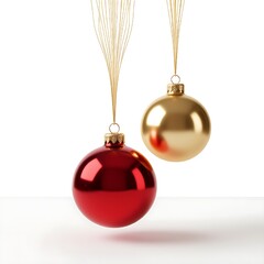 Two christmas ornaments, one red and one gold, hanging isolated on white background for holiday decoration