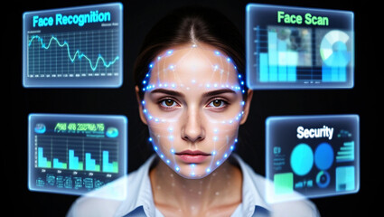 Woman face scanning technology with data displays recognition security