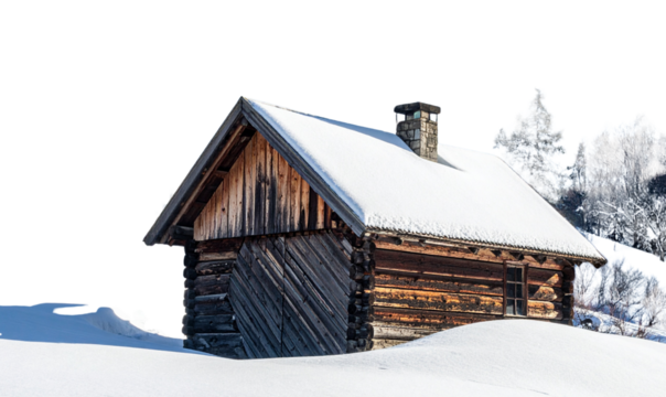 Background, PNG Minimalist Winter Cabin on Icy Hill with Smoke from Chimney, Transparent