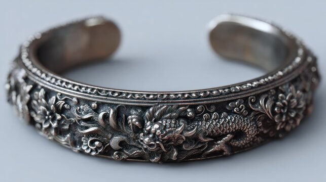 Intricately Designed Silver Cuff Bracelet with Floral and Leaf Patterns Featu Detailed Filigree Craftsmanship and Artistic Decorative Elements for Fashion Jewelry Accessory
