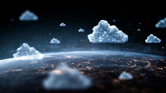 Conceptual image of cloud computing with floating server icons over Earth and global network data.