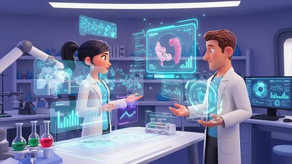 Two Scientists Analyzing Holographic Data in Modern Laboratory Setting - Powered by Adobe