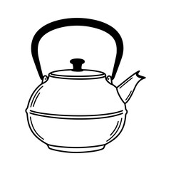 Black and white line art illustration of a traditional round teapot with a handle, spout, and lid, perfect for brewing tea.