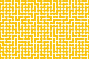 Seamless pattern with yellow squares, maze, labyrinth, puzzle, metaball, liquid. Trendy and fun yellow background or wallpaper design for fabric, textile, wrapping paper, scrapbook