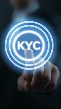 Professional Businessman Touching Virtual KYC Platform for Secure Identity Authentication, Customer Data Validation and Streamlined Onboarding in Financial Technology Solutions, Vertical Video