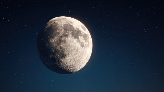 Stunning high-resolution image of the full moon shining brightly in a clear night sky filled with stars, showcasing detailed lunar surface textures and craters