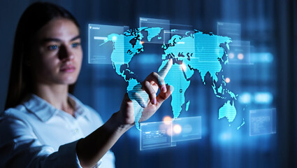 Woman interacting with futuristic blue world map display hand touching