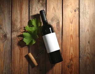 Wine bottle on rustic wooden table with grape leaves and corkscrew