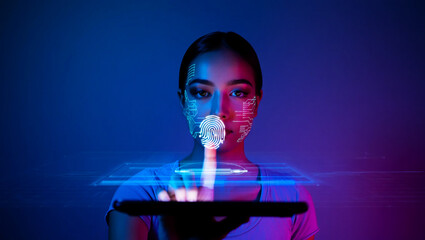Woman touches fingerprint scanner on digital interface image